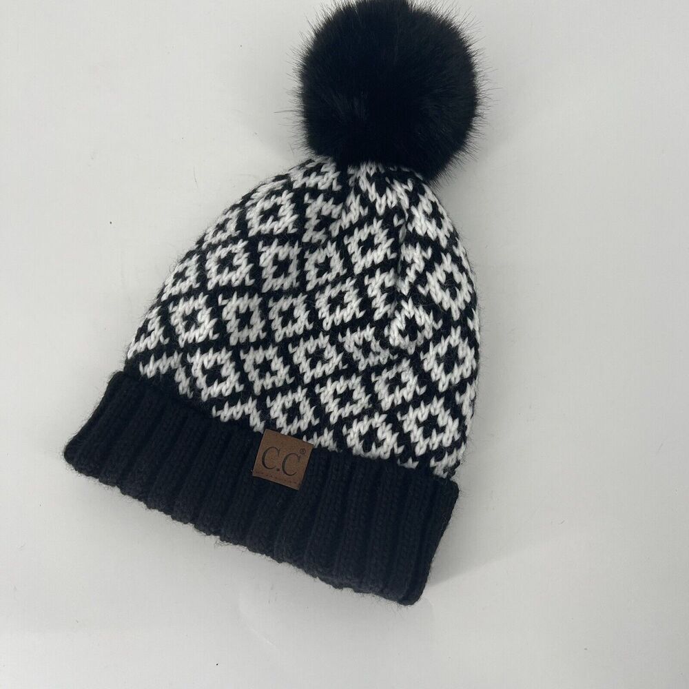 C.C Exclusive Diamond Knit Winter Warm Beanie with Faux‎ Fur Pom